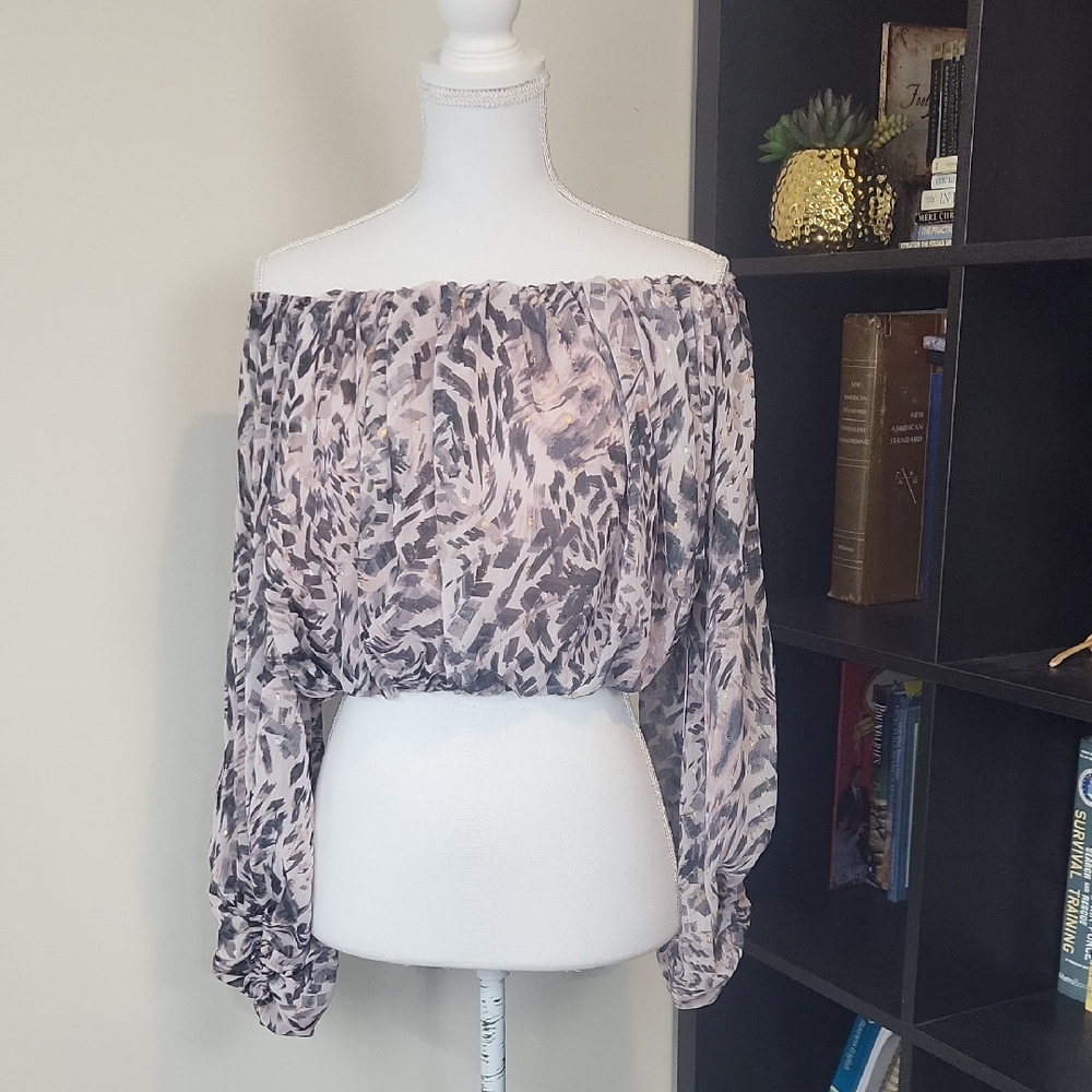 MEET ME IN SANTORIN Black Blush AMANDA Boho Sheer Sleeve Crop Top